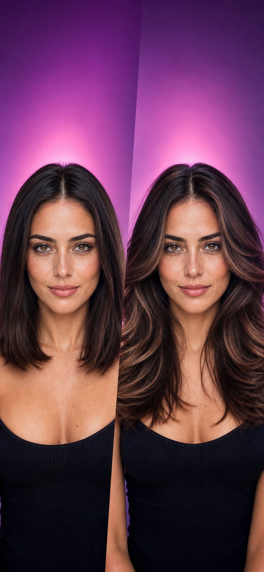 Before and after preview of a layered brunette hairstyle