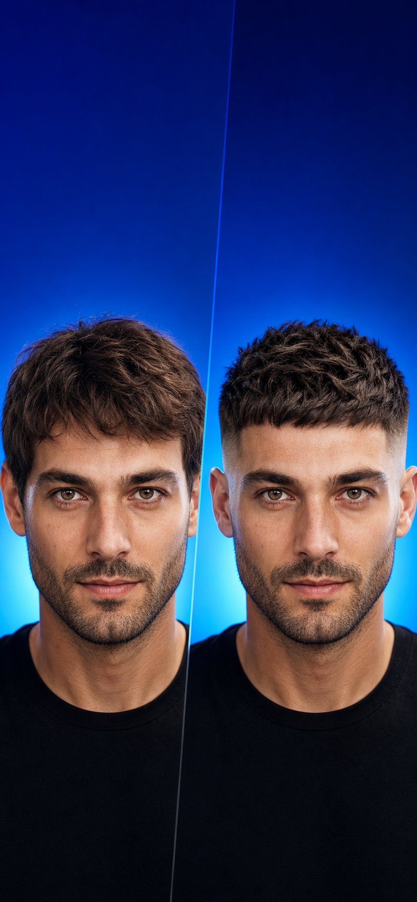 Before and after preview of a short men's haircut